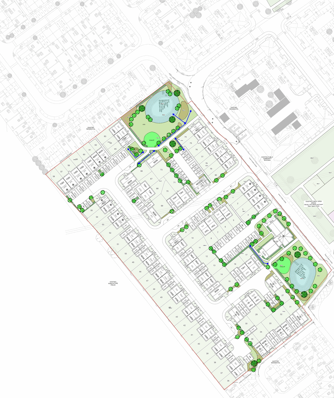 Landscape and biodiversity plan showing two areas of open space with play areas, new tree and native hedgerow planting along streets and boundaries, species-rich grassland and wetland rain gardens for managing rainwater.