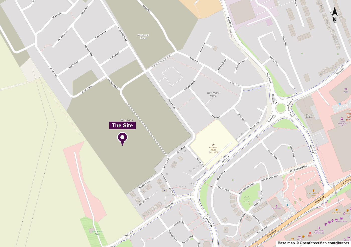 Location map showing the site outlined in red within the established neighbourhood, north of Haine Road and west of Nash Road, with agricultural fields to the west and Star Lane and Nash Road nearby.